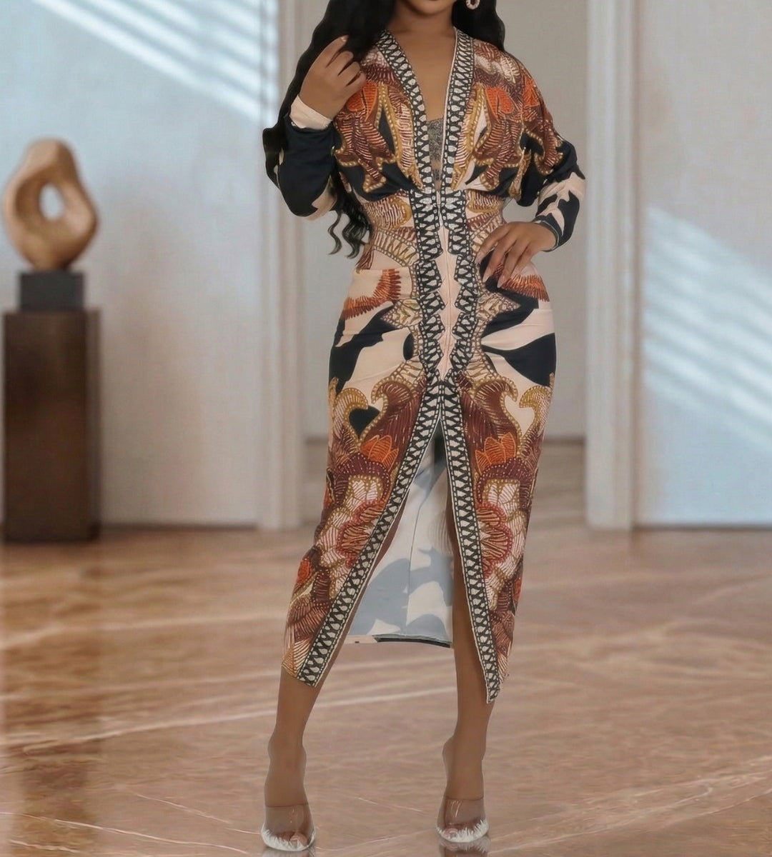 vestido feminino com estampa elegante e acabamento refinado