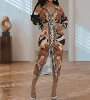vestido feminino com estampa elegante e acabamento refinado