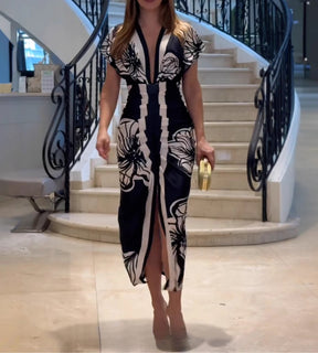 vestido midi feminino elegante com fenda frontal e caimento fluido
