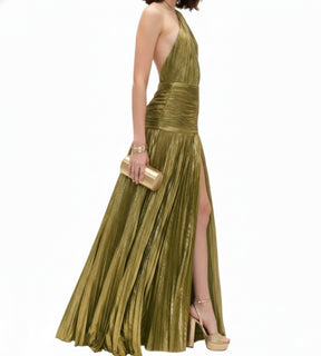 vestido dourado feminino com fenda sensual ladp