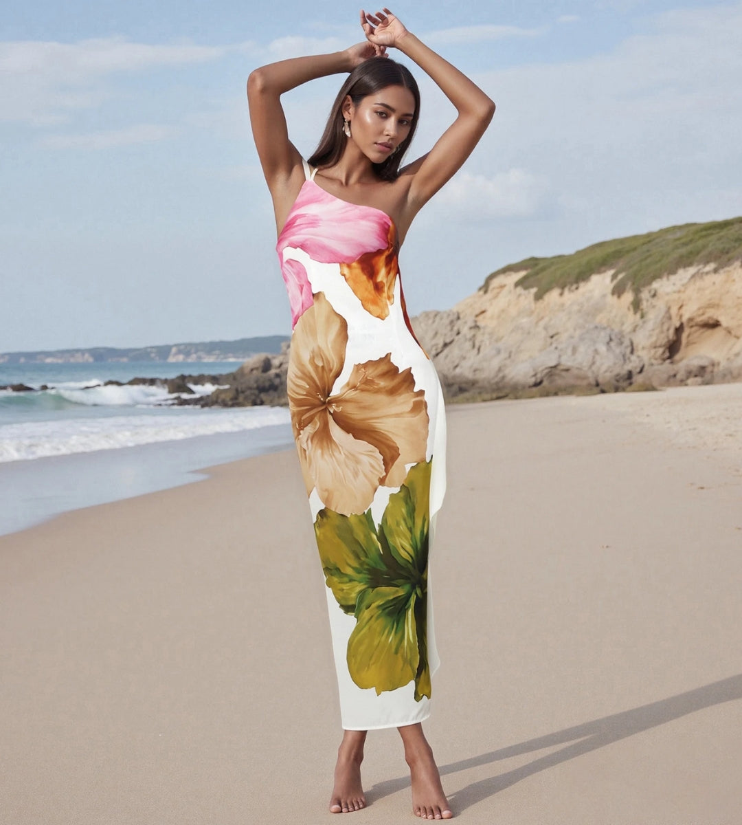vestido feminino floral fenda lateral detalhe modelo de frente na praia