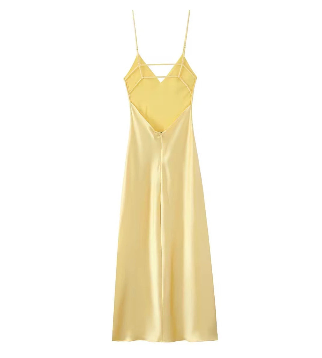 vestido feminino longo acetinado amarelo alcas regulaveis satin lumiere costas
