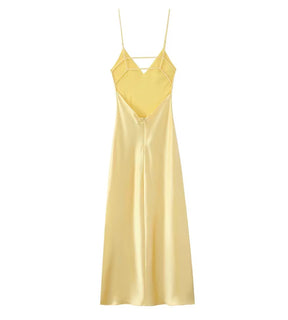 vestido feminino longo acetinado amarelo alcas regulaveis satin lumiere costas