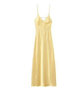 vestido feminino longo acetinado amarelo alcas regulaveis satin lumiere costas frente
