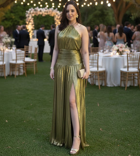 vestido feminino dourado gola halter elegante