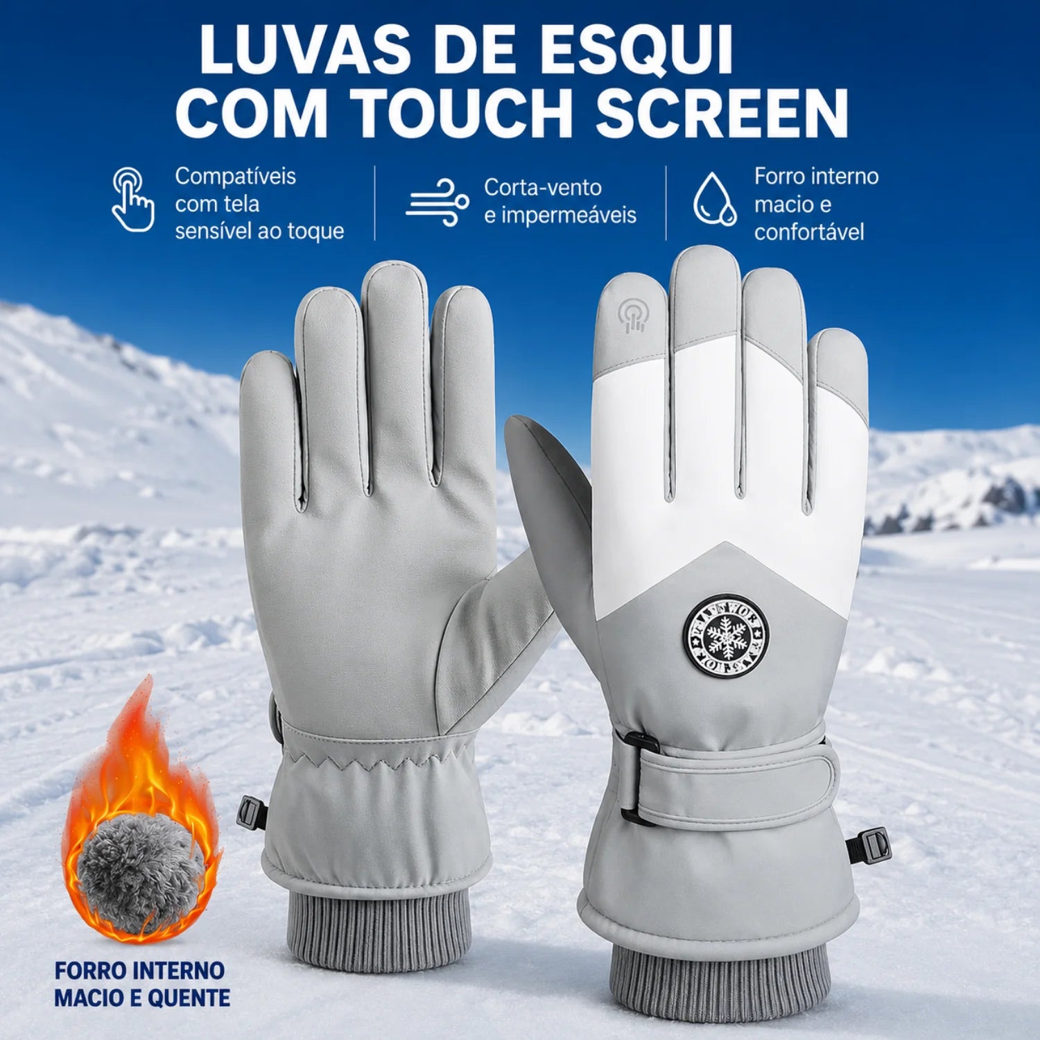 Visão do dorso anatômico da luva de frio destacando o clipe de engate lateral antiperda